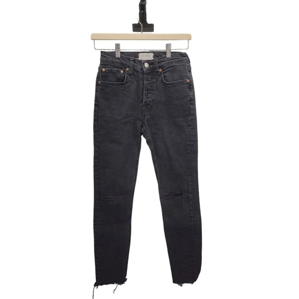 Free People We The Free 25 Maggie Slim Jeans Black Button Fly‎ Distressed 27